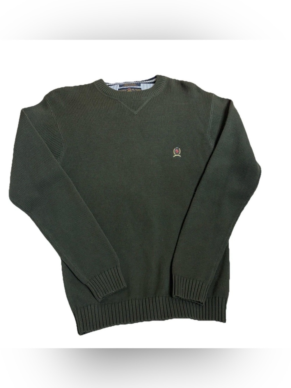 Tommy Hilfiger Sweater Mens S Green Crewneck Crest Logo Cotton Knit